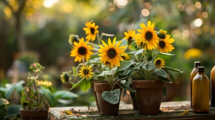 Sunflowers in Pots in a Sunlit Garden
