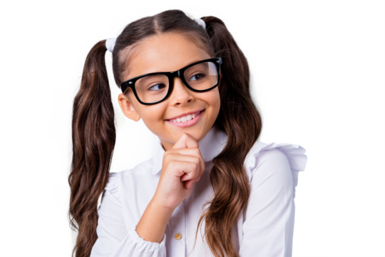 Close-up portrait of nice cute positive curious funny cheerful adorable lovely stylish small little girl with two curly pigtails in white blouse shirt, wearing glasses. Isolated over grey background