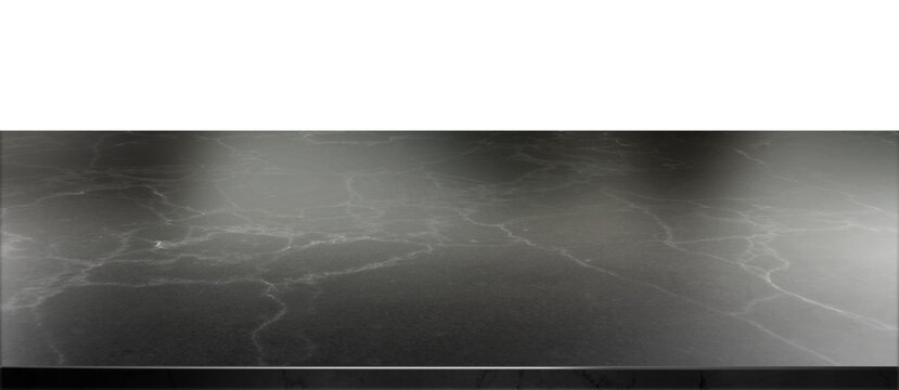 Empty dark marble desk for product presentation. Stylish black marble table top. Counter top, Graphic resource for your design. Isolated kitchen element without background. Transparent png file.