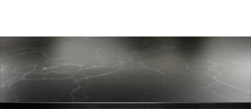 Empty dark marble desk for product presentation. Stylish black marble table top. Counter top, Graphic resource for your design. Isolated kitchen element without background. Transparent png file.