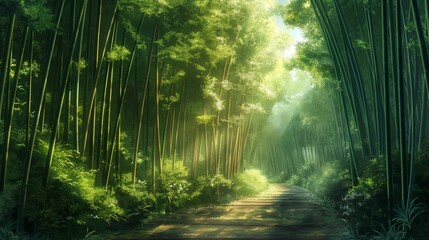 Obraz premium A lush green forest with a path leading through it. Anime background