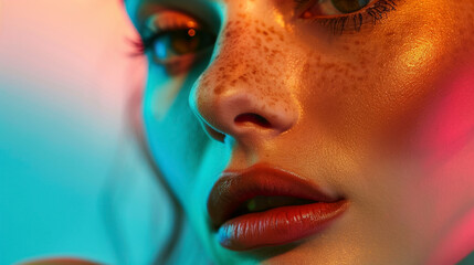 Fototapeta premium Close-Up Portrait of Freckled Young Woman's Face with Rainbow-Colored Lights