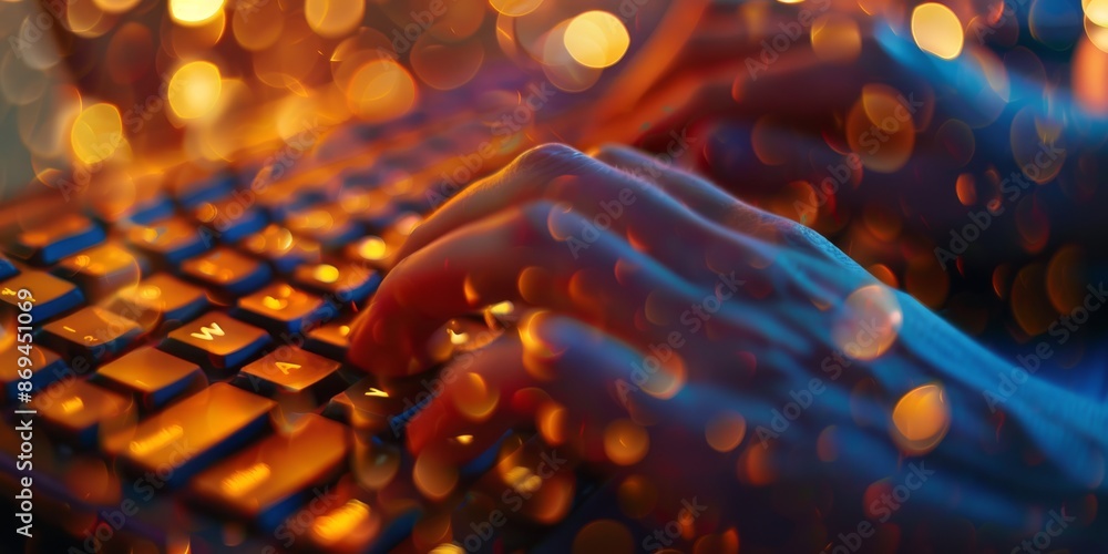 Poster in the image, there are hands closeup typing on a laptop keyboard, while bokeh light effects fill th