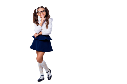 Full body size length of girlish nice cute cheerful adorable lovely stylish small little girl with curly pigtails in formal blouse shirt, short blue skirt, thinking. Isolated over grey background