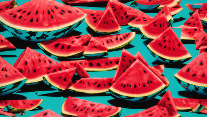 The image is of a blue surface covered with slices of watermelon of different sizes. There are both large and small pieces.