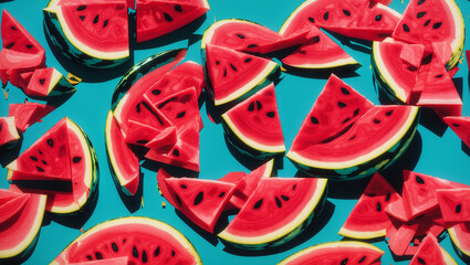The image is of a blue surface covered with slices of watermelon of different sizes. There are both large and small pieces.