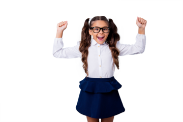 Nice cute cheerful lovely adorable stylish small little girl with curly ponytails in white formal blouse shirt, glasses and blue skirt, raising hands up, wow. Isolated over grey background