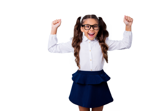 Nice cute cheerful lovely adorable stylish small little girl with curly ponytails in white formal blouse shirt, glasses and blue skirt, raising hands up, wow. Isolated over grey background