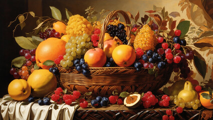 A painting of a large basket overflowing with a variety of fruits, including grapes, oranges, lemons, and a watermelon