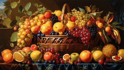 A painting of a large basket overflowing with a variety of fruits, including grapes, oranges, lemons, and a watermelon