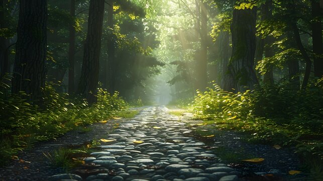 A cobblestone road leading through the forest, bathed in soft sunlight filtering between the trees. The path is lined with tall, dark green foliage and scattered stones, mystery and adventure.