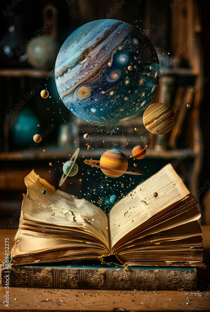 Poster a book is opened to a page with a large planet