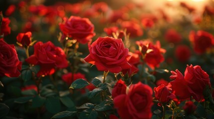 A field of red roses with the sun shining on them