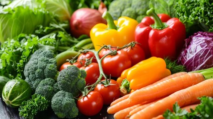 A colorful assortment of vegetables including broccoli, tomatoes, peppers