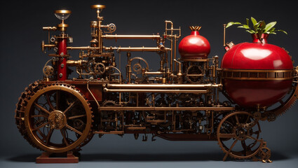 The image shows a large, intricate steampunk-style machine made of brass and copper with a large, red, pomegranate-shaped object in front.