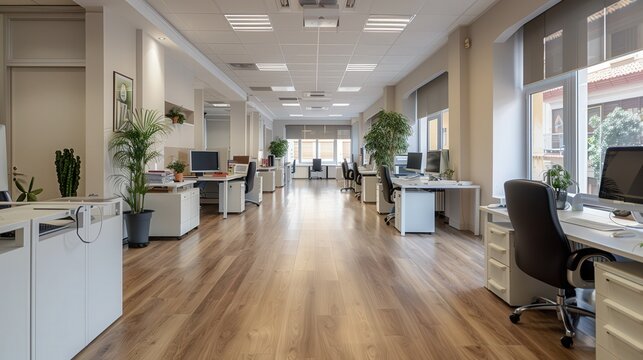 A large open office space with many desks and chairs