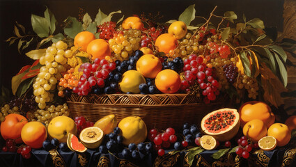 A painting of a large basket overflowing with a variety of fruits, including grapes, oranges, lemons, and a watermelon