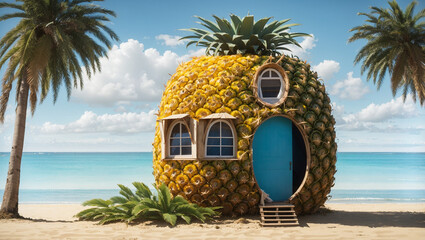 A large pineapple shaped house sits on a sandy beach with a blue ocean and sky in the background. Two people sit on a step outside the house.