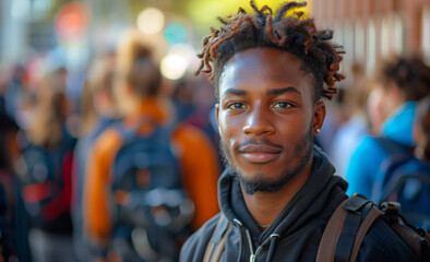 A young man with dreadlocks stands in front of a crowd of people