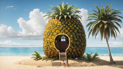 A large pineapple shaped house sits on a sandy beach with a blue ocean and sky in the background. Two people sit on a step outside the house.