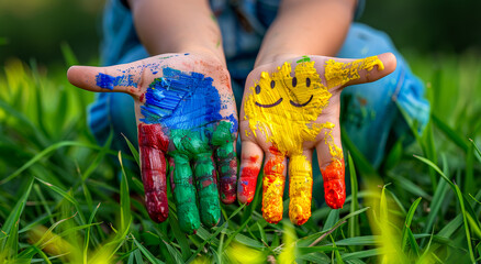 Two hands painted with different colors and smiling faces. Scene is happy and playful