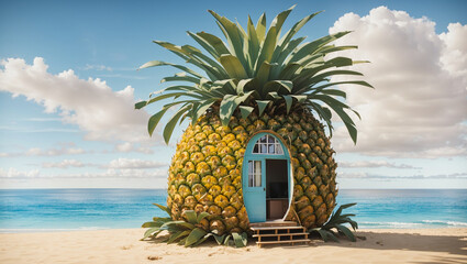 It's a sunny beach scene with a large pineapple shaped house, a blue door, and a wooden porch. The ocean is behind it.