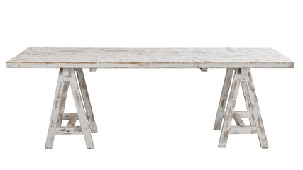 white painted raw wooden table on work trestles. isolated white background