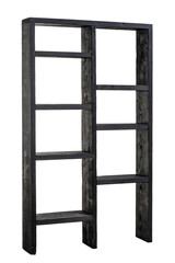 Black color rough wooden shelf on isolated white background