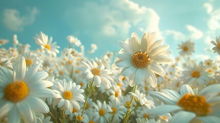 Fototapeta premium A field of white daisies, with the sky in the background. The flowers have yellow centers and petals that give them an elegant appearance.