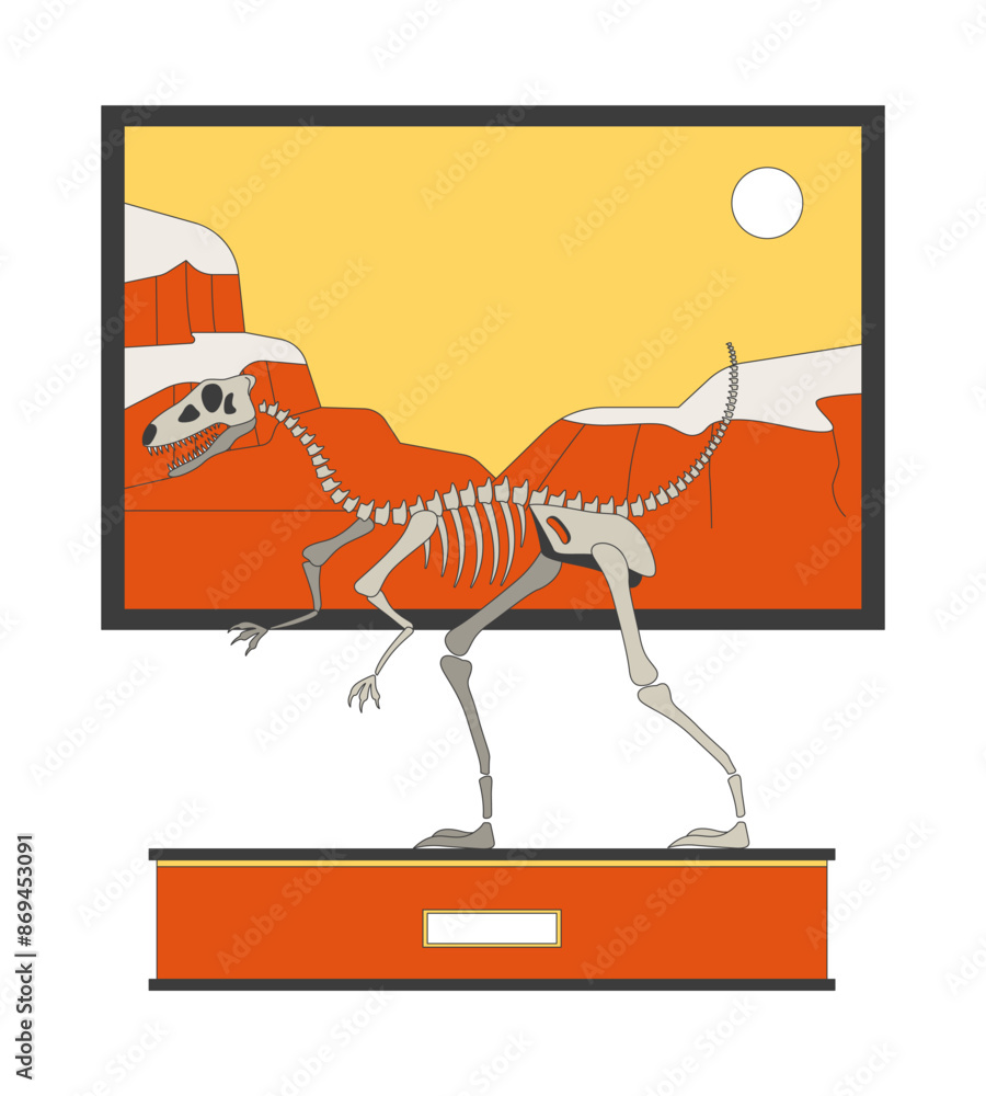Poster velociraptor fossil exhibit 2d linear cartoon object. raptor dinosaur skeleton isolated line vector 