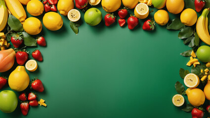 The image shows a green background with a frame of fruit, including pears, lemons, apples, strawberries, and guava
