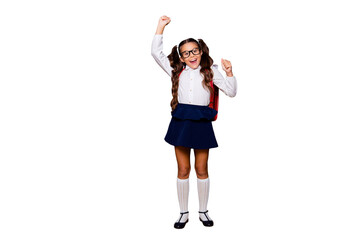 Full size body length of glad smart cute stylish small little girl with curly pigtails in white blouse shirt and blue skirt with red bag, raising hands up. Isolated over black background