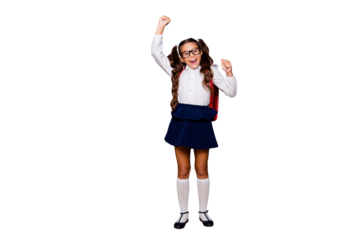 Full size body length of glad smart cute stylish small little girl with curly pigtails in white blouse shirt and blue skirt with red bag, raising hands up. Isolated over black background