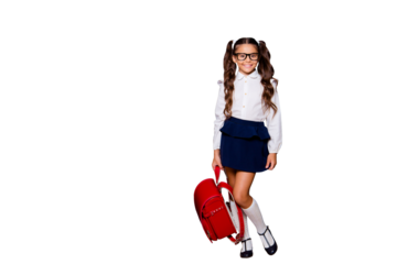 Full size body length of glad girlish shy nice smart cute small little girl with curly ponytails in white blouse shirt and blue skirt with red bag. Isolated on black background