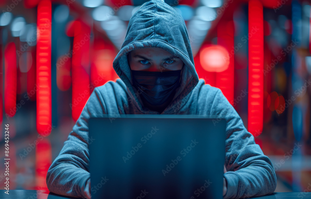 Poster a man wearing a hoodie and a mask is sitting in front of a laptop. he is looking at the screen with 