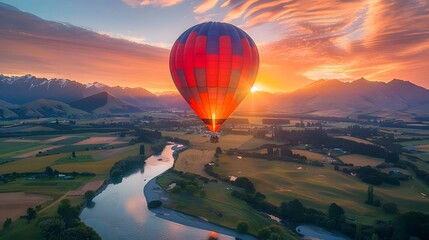 Obraz premium A hot air balloon ride over the beautiful New Zealand countryside at sunset, offering breathtaking views of mountains and rivers. nature against the backdrop of a setting sun, adventure spirit.