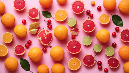 The image shows a pink background with oranges, grapefruits, limes, and cherries. Some fruit are cut in half. There are also a few green leaves.