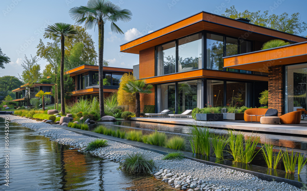 Poster a row of houses with a large pool in front of them. the houses are all different sizes and styles, b