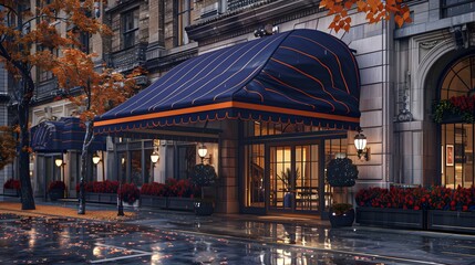 The front entrance to an upscale hotel in New York City, with two large navy blue awnings above its main door. The city is in fall and there is some rain. It has an orange striped canopy.