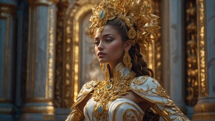 Fototapeta premium A regal woman dressed in elaborate golden attire stands majestically in a richly decorated palace, exuding grace and authority. 