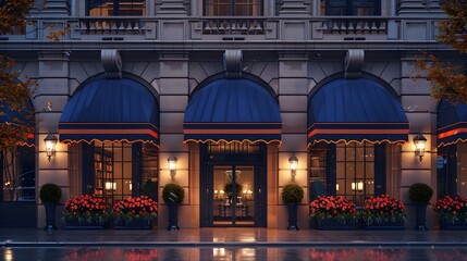 The front entrance to an upscale hotel in New York City, with two large navy blue awnings above its main door. The city is in fall and there is some rain. It has an orange striped canopy.