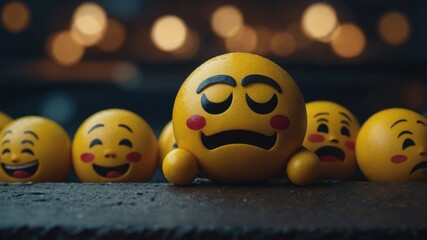 A tired emoji ball sits among a group of laughing emoji balls on a dimly lit surface, highlighting contrasting emotions.
