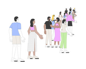 Fototapeta premium Multicultural people walking strolling 2D linear cartoon characters. Diverse tourists group isolated line vector people white background. Sightseeing travelers adults color flat spot illustration