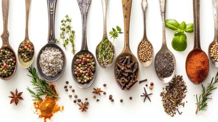 Spices And Herbs In Old Spoons, Isolated On A White Background, Essential For Cooking