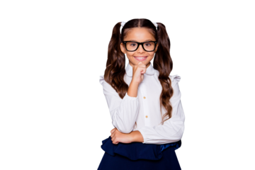 Portrait of positive glad nice adorable cute small little girl with curly ponytails in white formal blouse shirt, skirt, touching chin. Isolated over black background