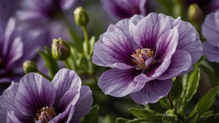 Naklejka premium Detailed close-up of vibrant purple flowers in full bloom with lush green foliage in the background. 