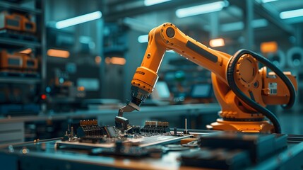 A robotic arm is holding an electronic part and placing it on the table, while other parts of various sizes sit around in boxes. The background shows a dark factory.