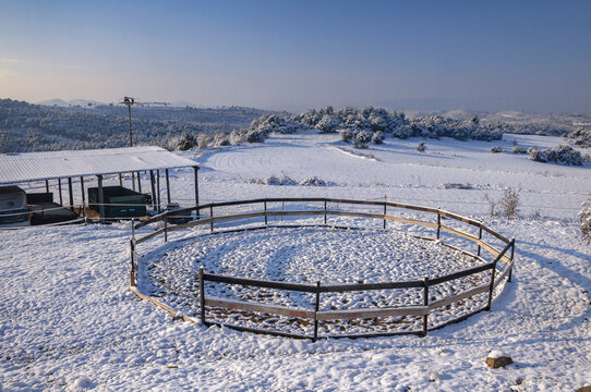 Snowy surroundings of Sant Cugat del Rac&oacute; church in winter (Nav&agrave;s, Bages, Barcelona, Catalonia, Spain)
