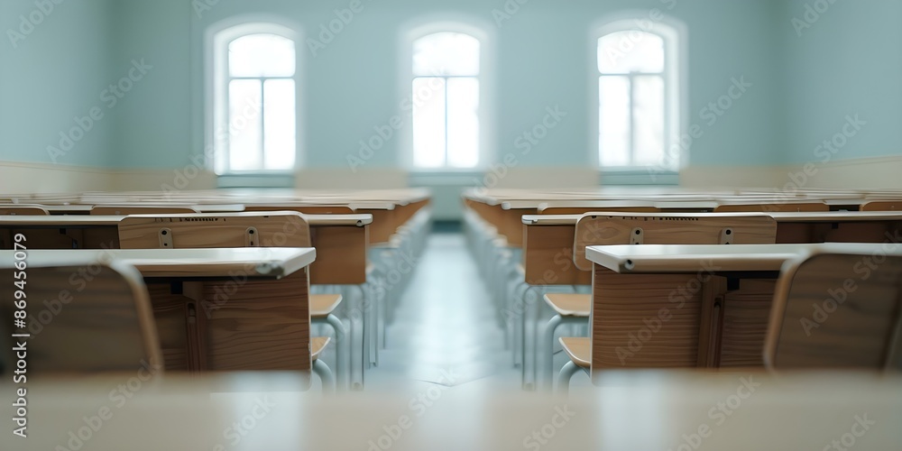 Aufkleber blurry image of empty school classroom with desks and chairs no people. concept could you provide mo