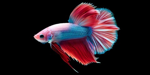 Fototapeta premium Vivid Siamese Betta Fish with Striking Colors on Black Background. Concept Fish Photography, Siamese Betta, Vivid Colors, Black Background